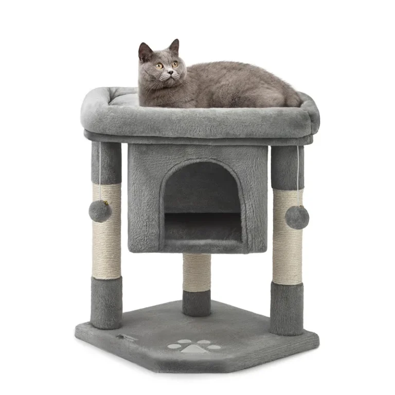 Compact dark gray cat tree with condo, top bed and side play balls