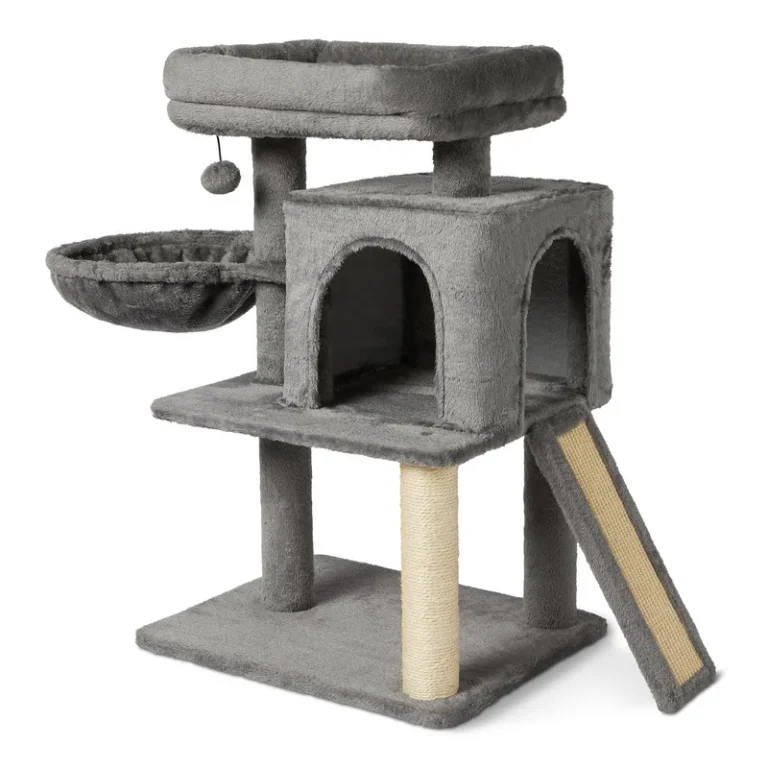 Gray cat tree with condo, side hammock, top bed and scratching ramp