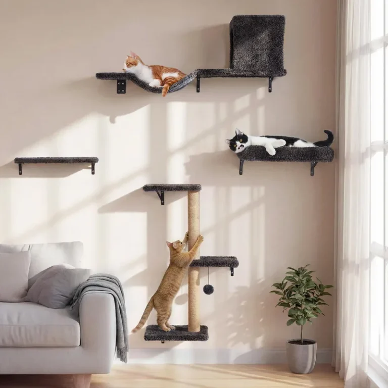 Modular gray wall-mounted cat furniture arranged across a living room wall