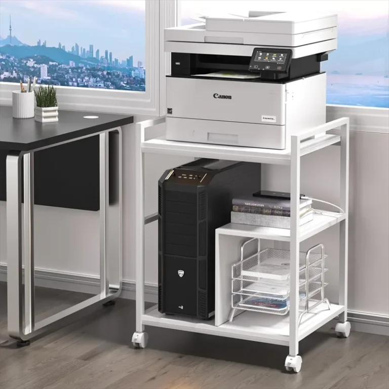 White rolling printer cart with a printer above divided equipment storage