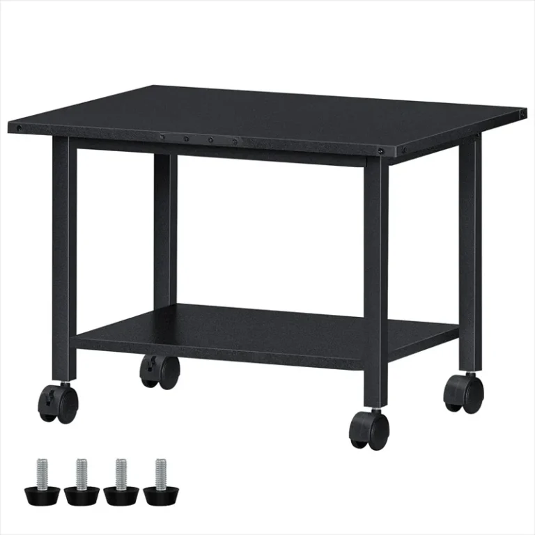 Two-tier printer stand on castors with alternative feet shown below
