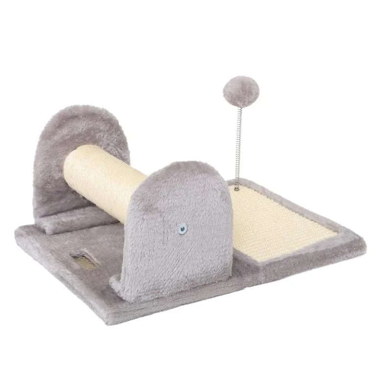 Light gray horizontal cat scratcher with sisal roller, mat and play ball