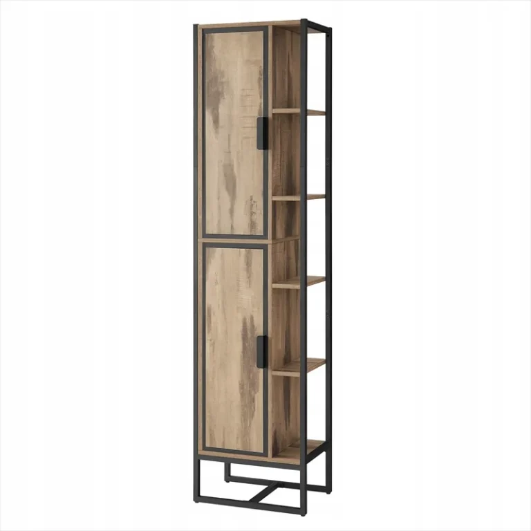 Tall cabinet with two doors and open shelves along one side