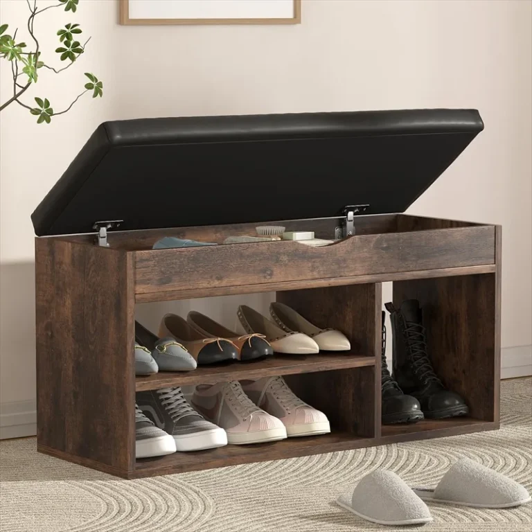 Shoe bench with its padded lid open, two shelf levels and a tall boot compartment