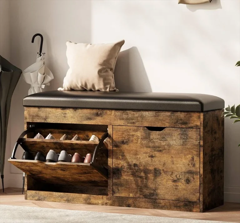 Padded shoe bench with one flip-down compartment open