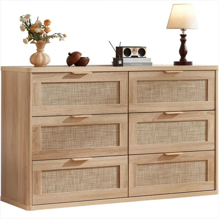 Wide six-drawer chest with woven inserts and objects on top