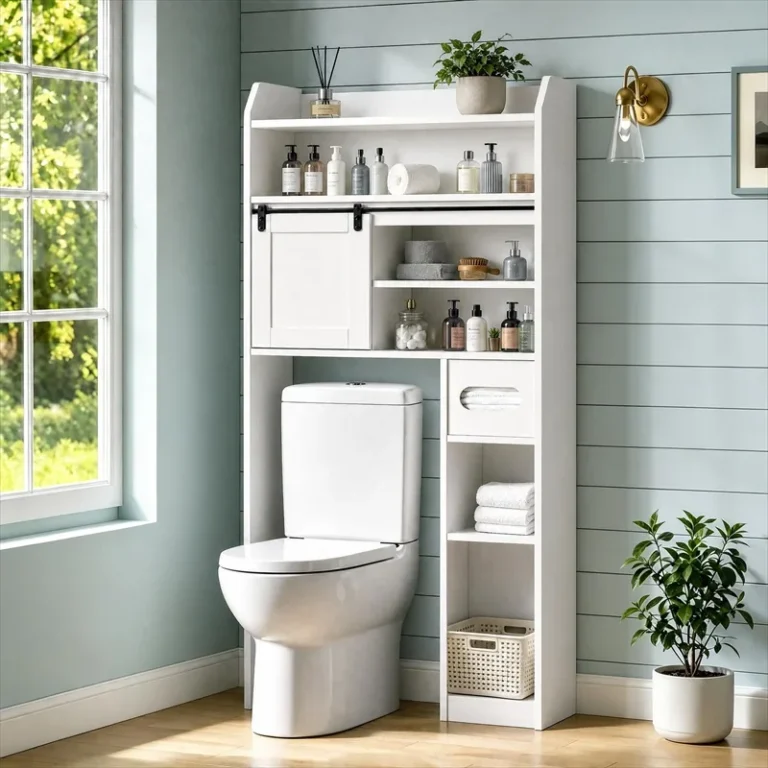 White over-toilet storage cabinet with a sliding door and side shelves