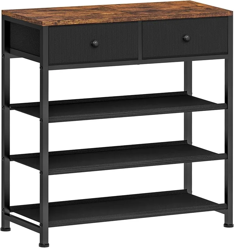 Black shoe organiser with two drawers, three lower shelves and a brown wood-effect top