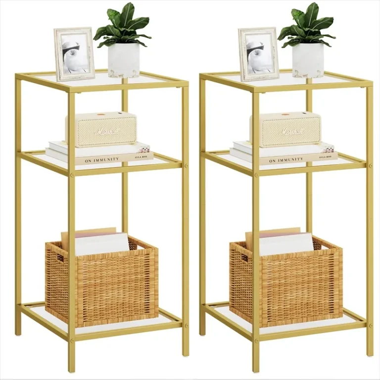 Pair of gold-finish three-tier glass side tables