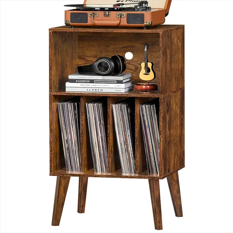 Record storage cabinet with a turntable, equipment shelf and divided album section