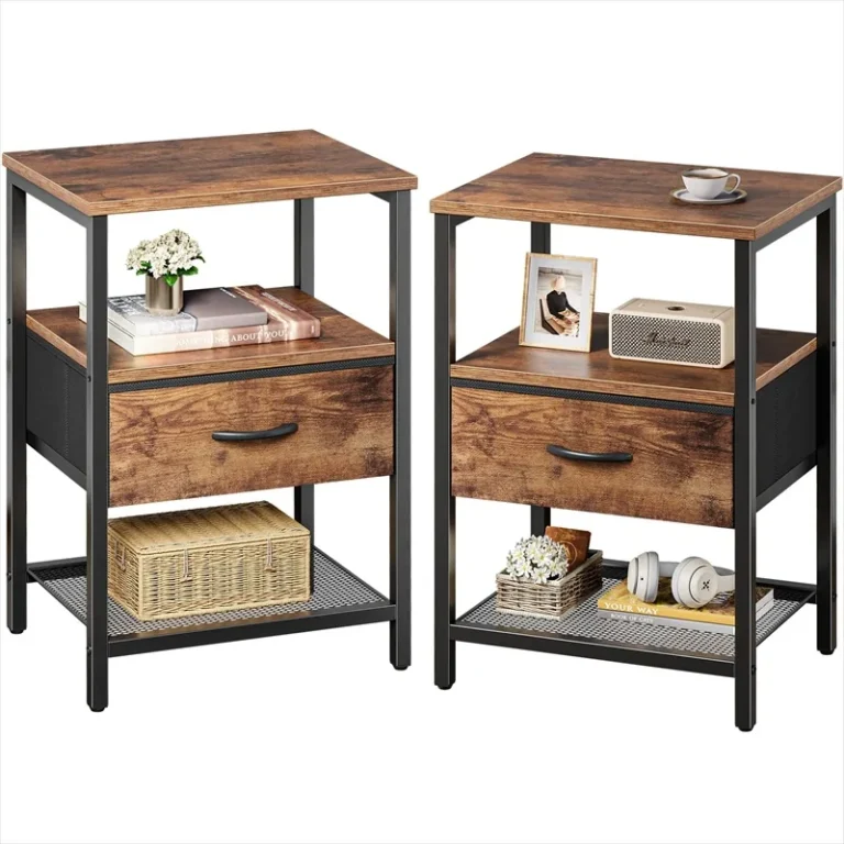 Pair of nightstands with fabric drawers, open cubbies and mesh shelves