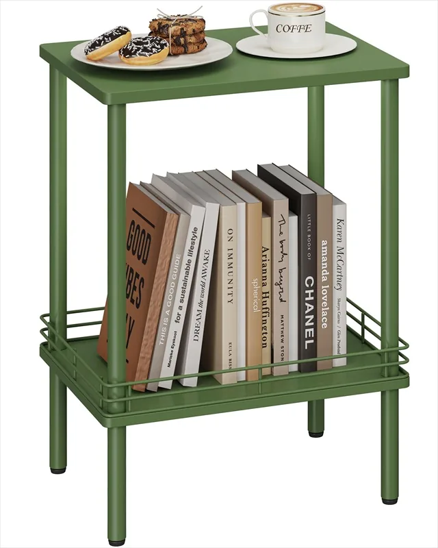 Green two-tier side table with books inside the lower shelf rails