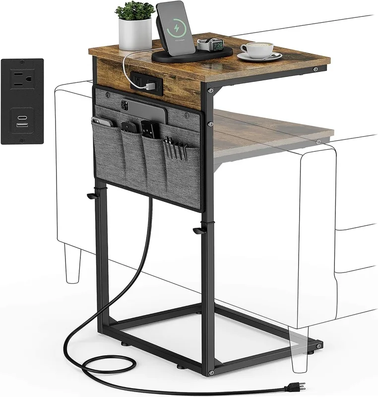 Brown wood-effect C-shaped charging table with an adjustable frame and hanging side pockets