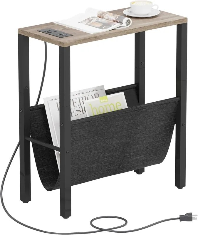 Slim charging side table with a greige wood-effect top and dark hanging magazine sling
