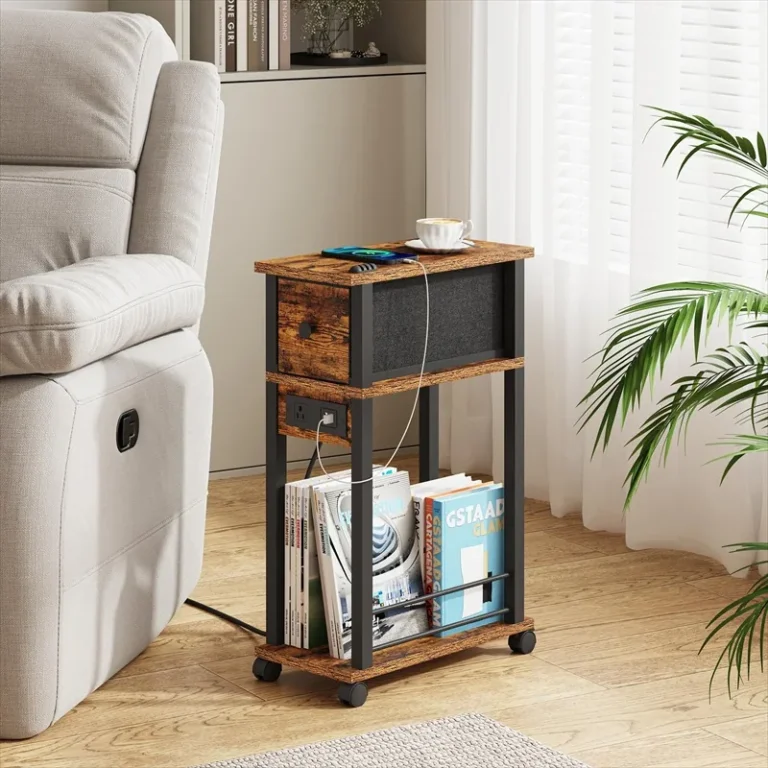 Narrow rolling table with a drawer, charging panel and lower book storage