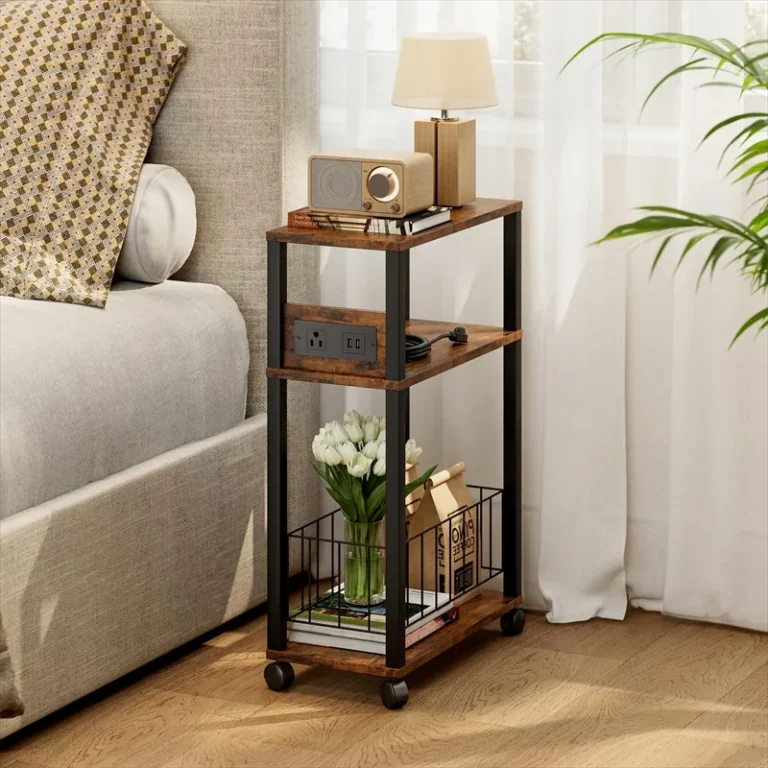 Rolling charging table with books and flowers inside the lower railed section