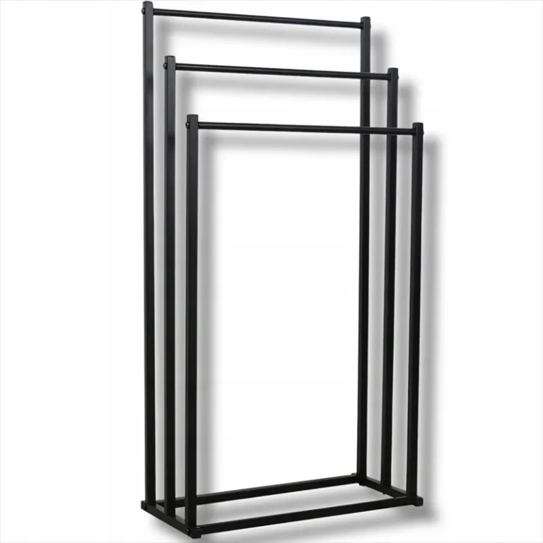 Freestanding towel rack with three staggered rails and a rectangular base
