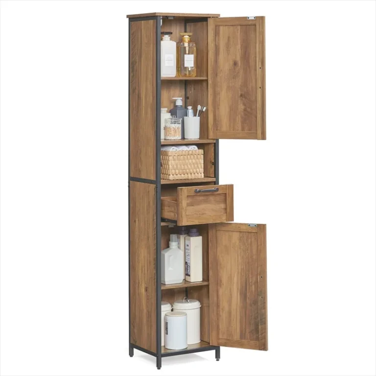 Tall storage cabinet with both doors and the central drawer open