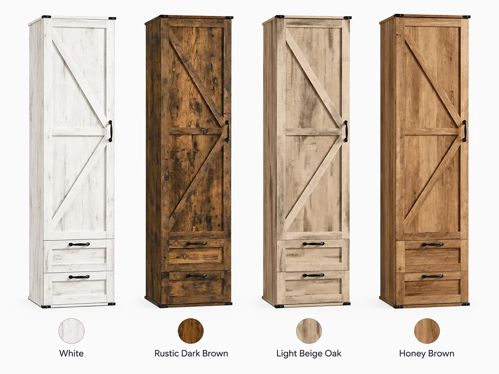 HOM-WDL-45BX tall storage cabinet shown in four finishes