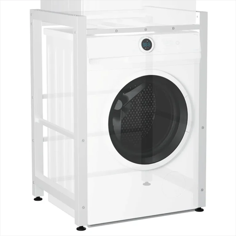 Open support frame positioned around a front-loading washing machine