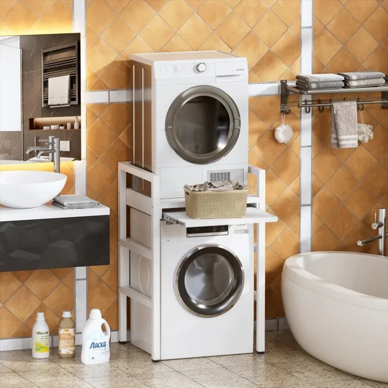 Laundry frame supporting a stacked appliance arrangement with a basket on the sliding shelf