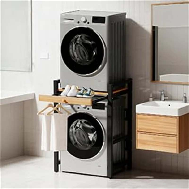 Laundry rack in a stacked appliance setup with the sliding shelf extended