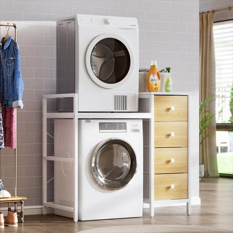 Laundry appliance frame with a four-drawer column beside a stacked washer and dryer