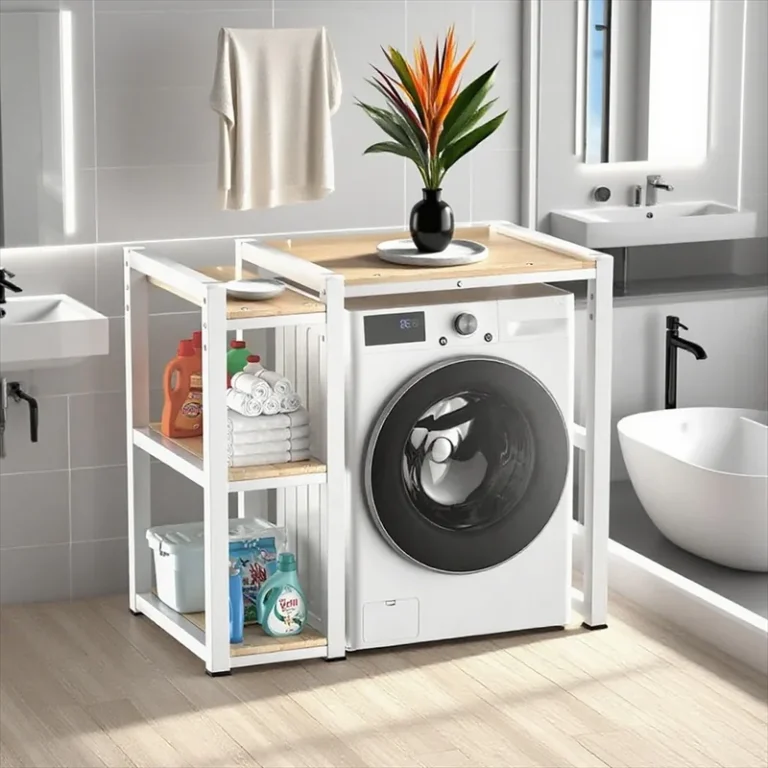 Laundry rack with side shelves surrounding a front-loading washing machine