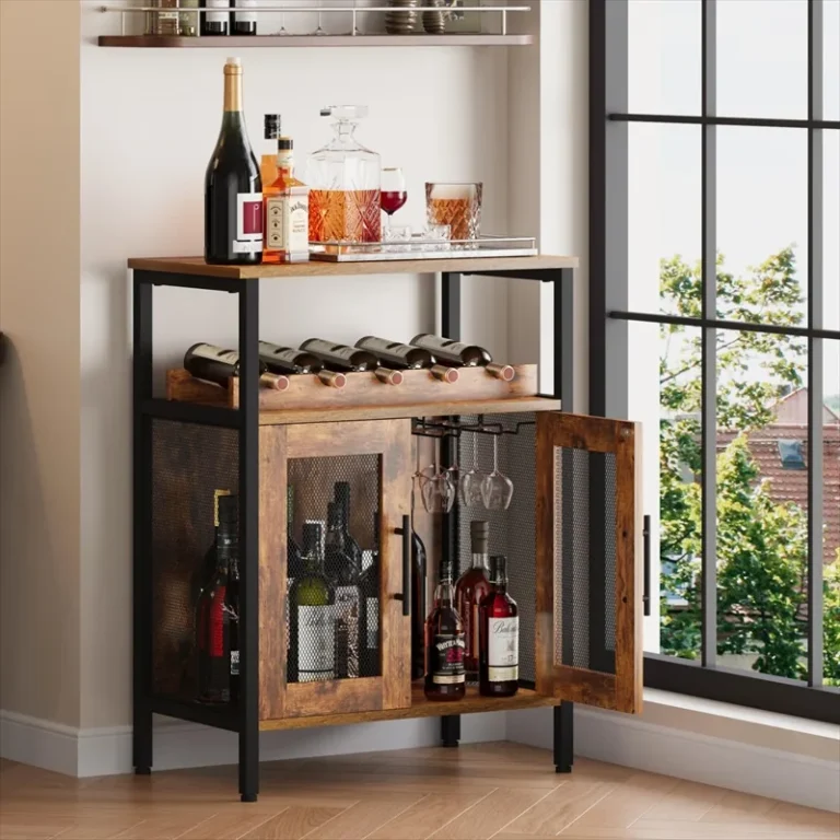 Wine cabinet with mesh doors open and glasses hanging inside