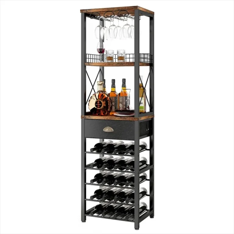 Tall wine rack with hanging glasses, a drawer and lower bottle rows