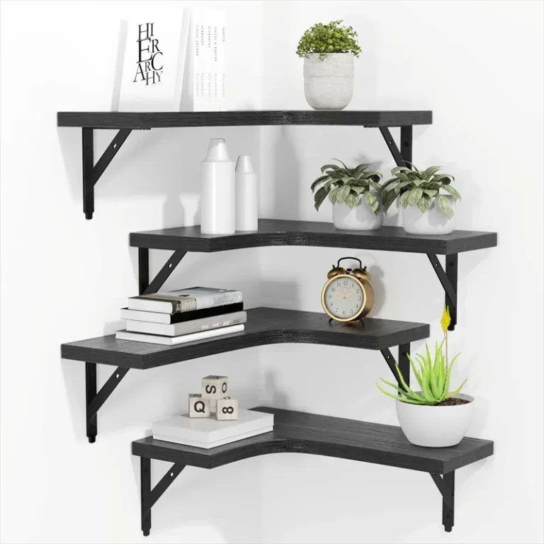 Four L-shaped corner shelves mounted vertically with books and plants