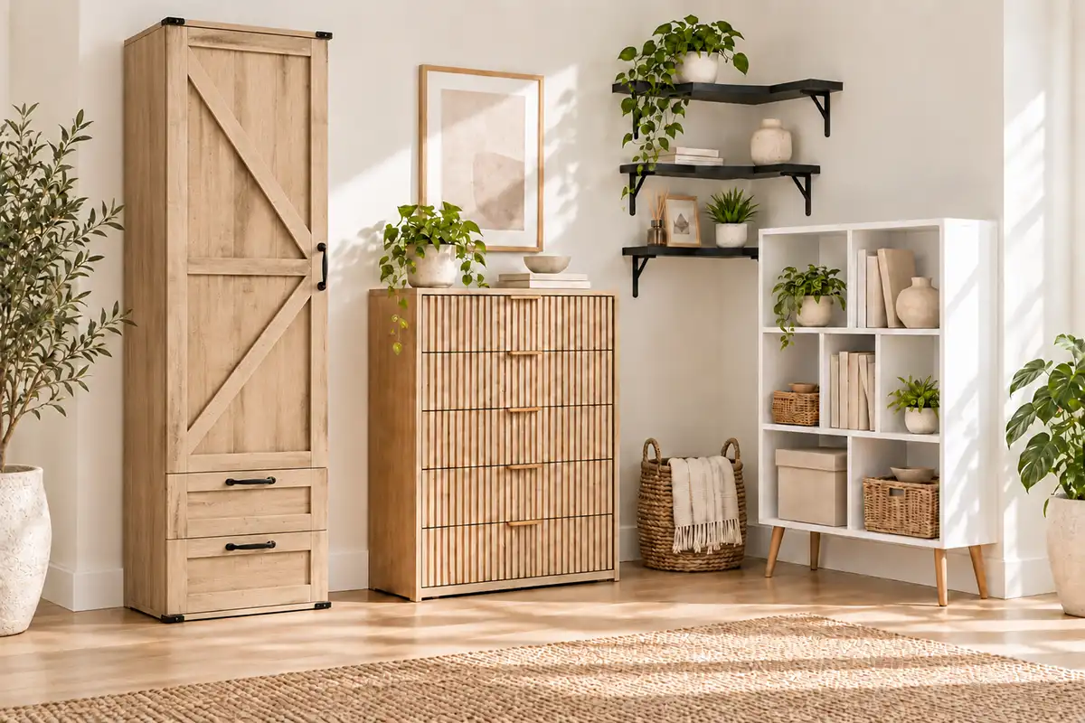 Home storage furniture with tall cabinet, drawer chest, bookcase and wall shelves