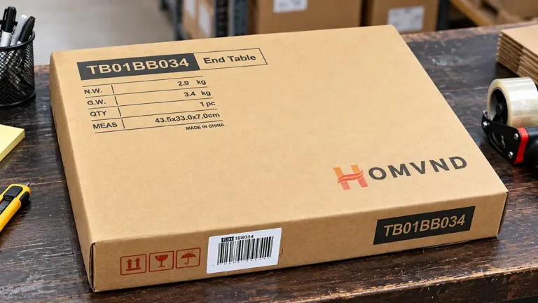 HOMVND furniture carton showing packed dimensions, net weight and gross weight for fulfillment review
