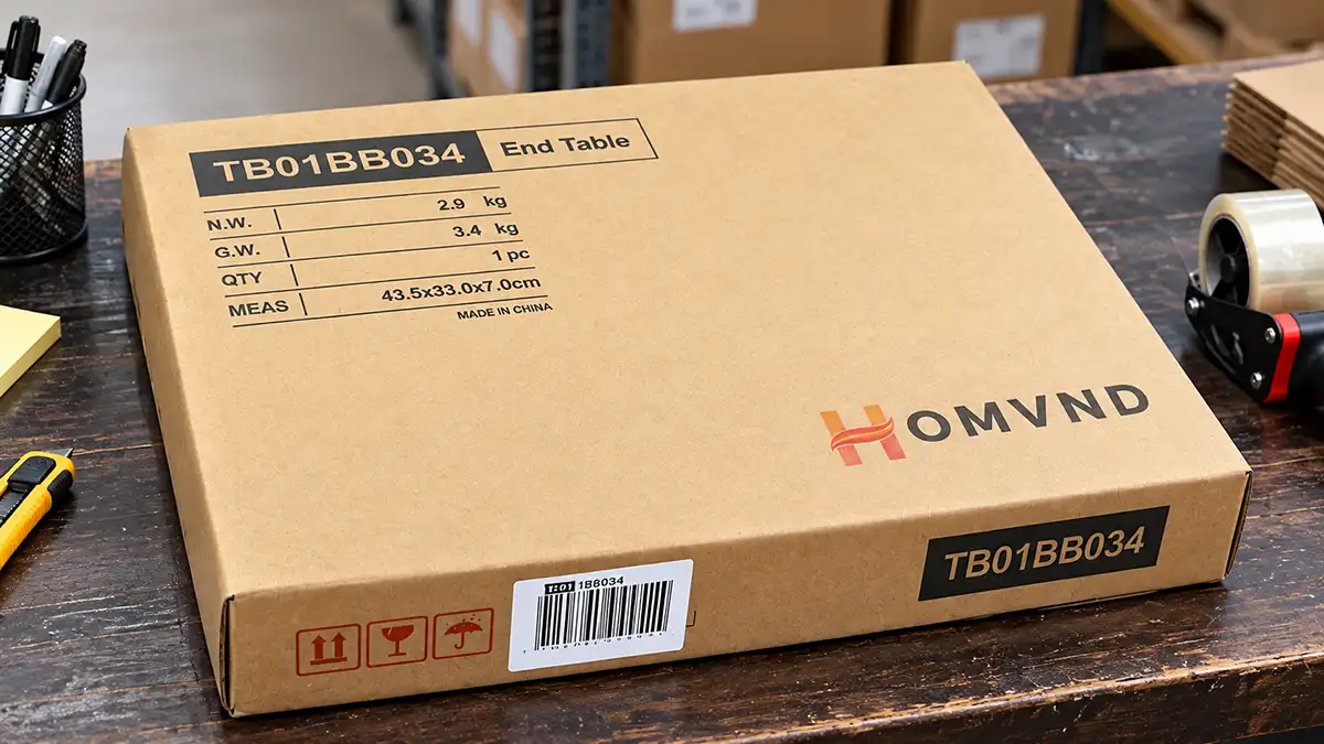 HOMVND furniture carton showing packed dimensions, net weight and gross weight for fulfillment review