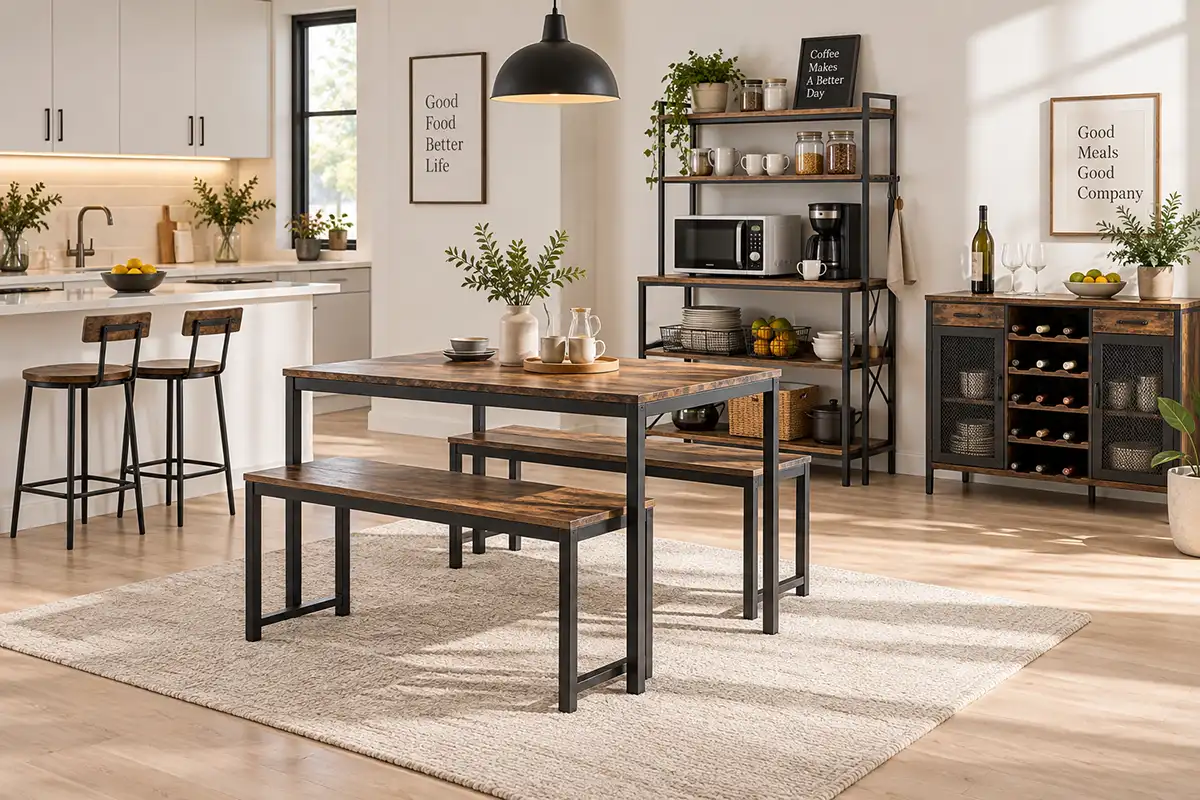 Flat-pack dining table, benches and kitchen storage furniture in a modern dining space