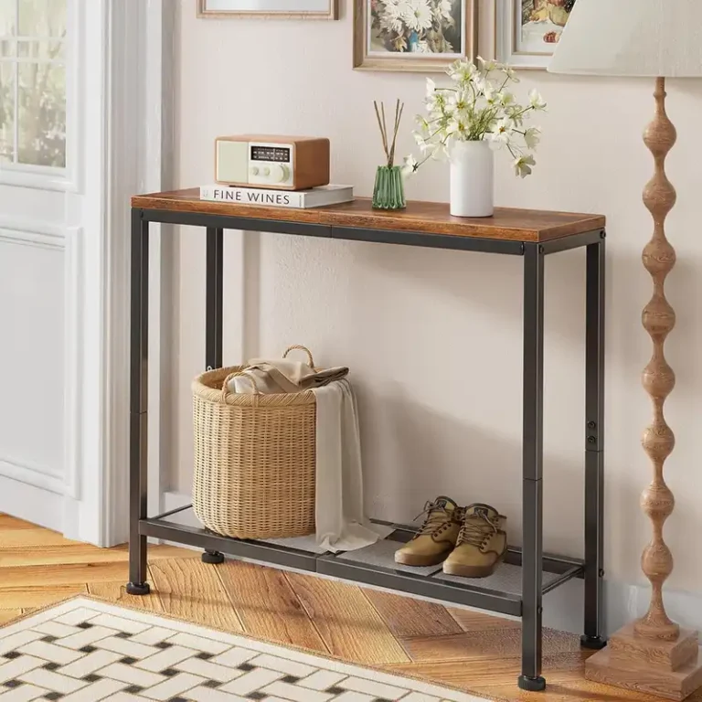 narrow console table with lower storage shelf 1