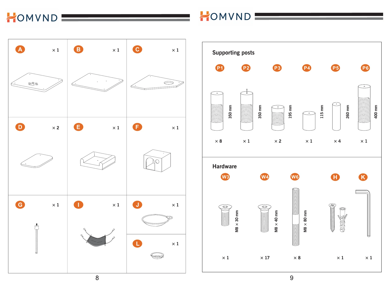 HOMVND pet-category cat tree parts, supporting posts and hardware documentation