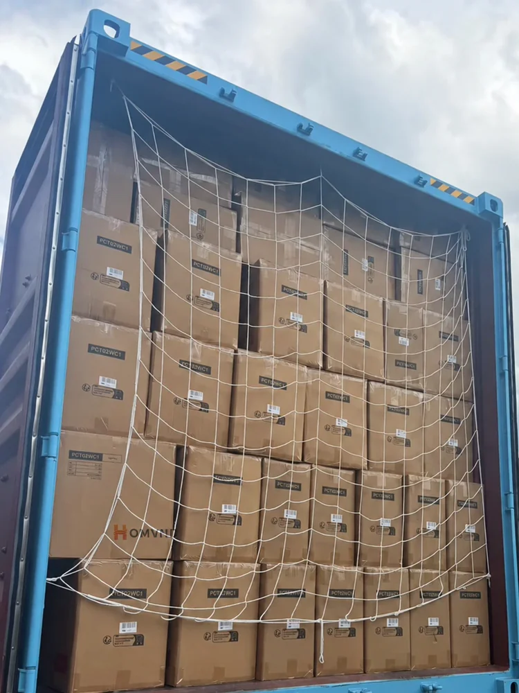 HOMVND cat tree cartons secured inside an export container
