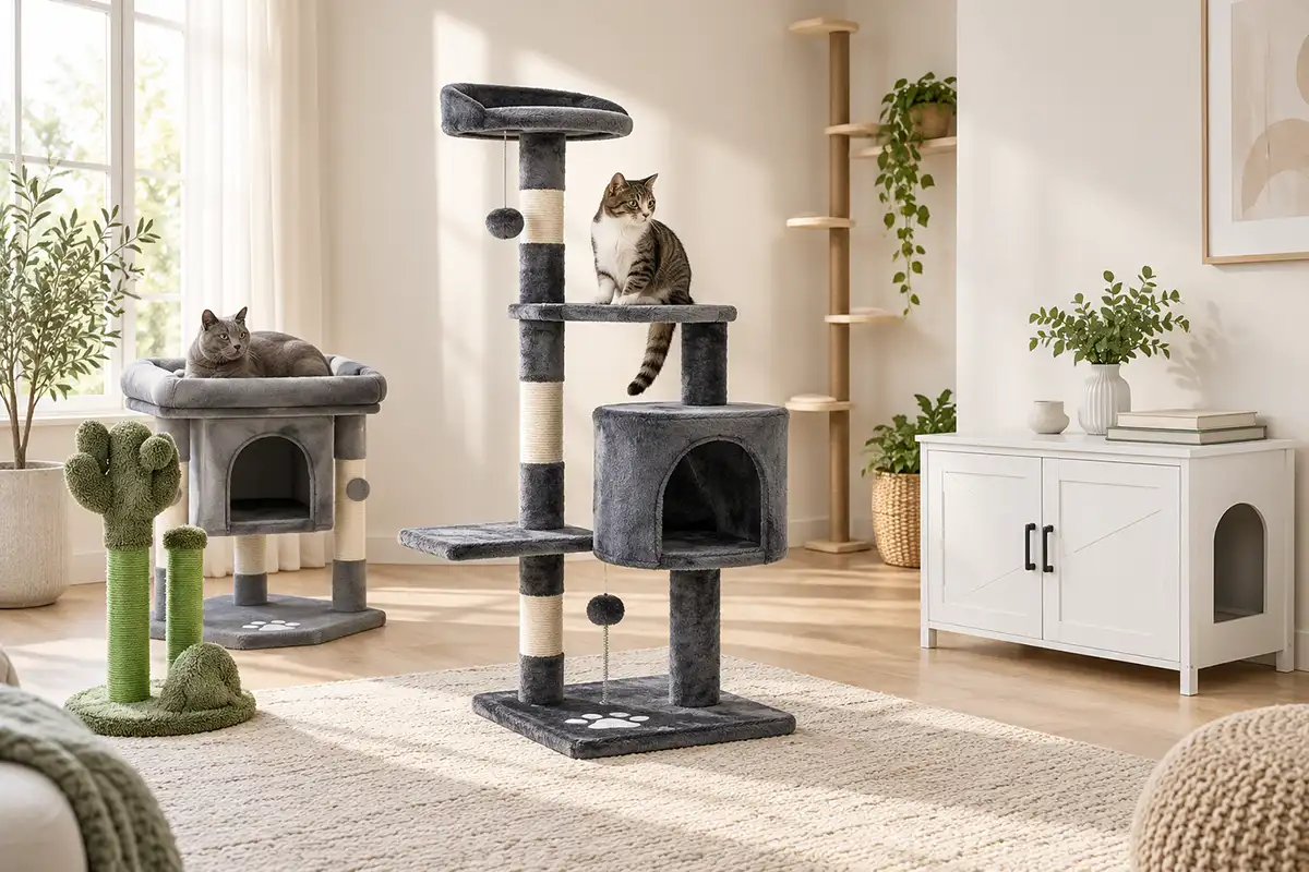 Cat trees, scratching furniture and litter box cabinet in a modern living space
