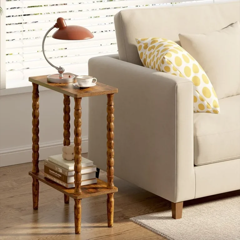 Narrow rectangular table with spindle legs beside an armchair