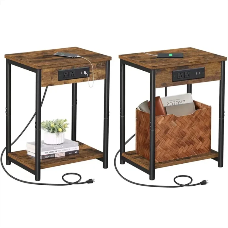 Pair of two-tier side tables with front charging panels and power cords