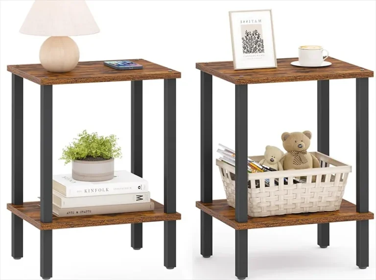 Pair of rectangular two-tier side tables with lamps and display items