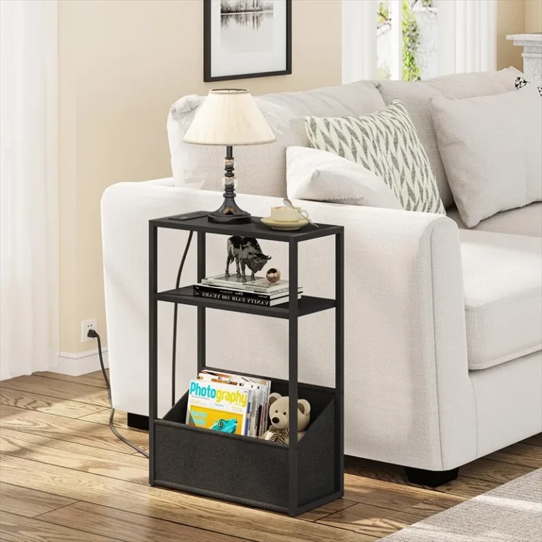 Slim charging table with a middle shelf and a fabric basket beside a sofa