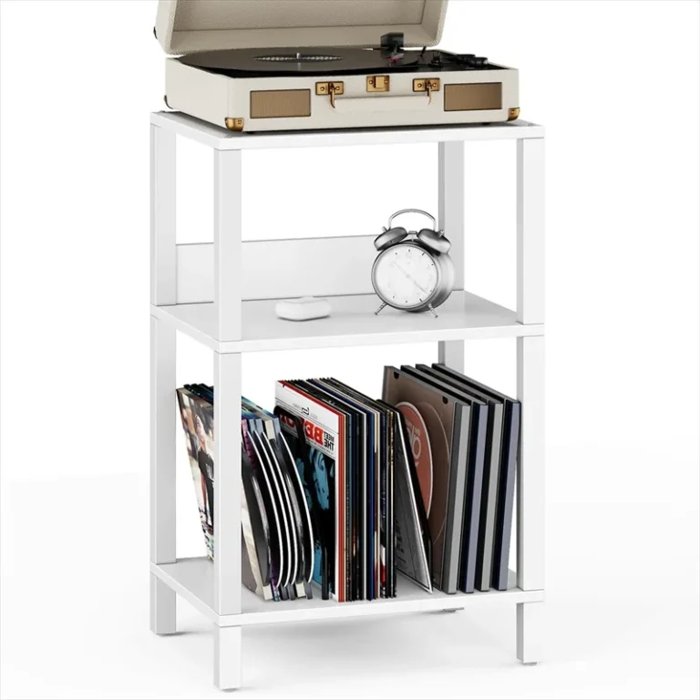 White record player stand with an open shelf and divided album storage