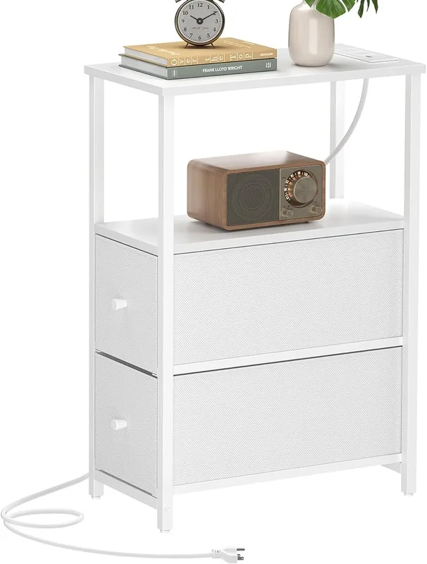 White narrow charging table with two drawers and an open shelf
