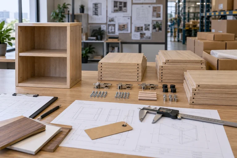 Approved furniture sample and mass-production parts reviewed against technical drawings