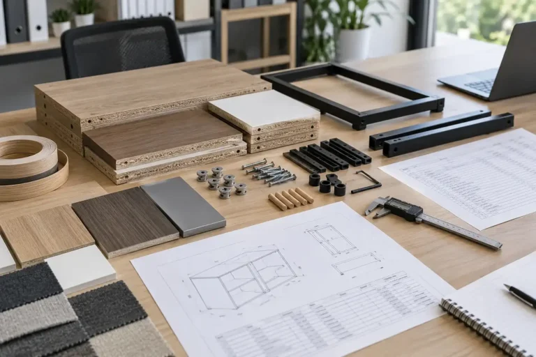 Furniture product specification review with panels, hardware and technical drawings