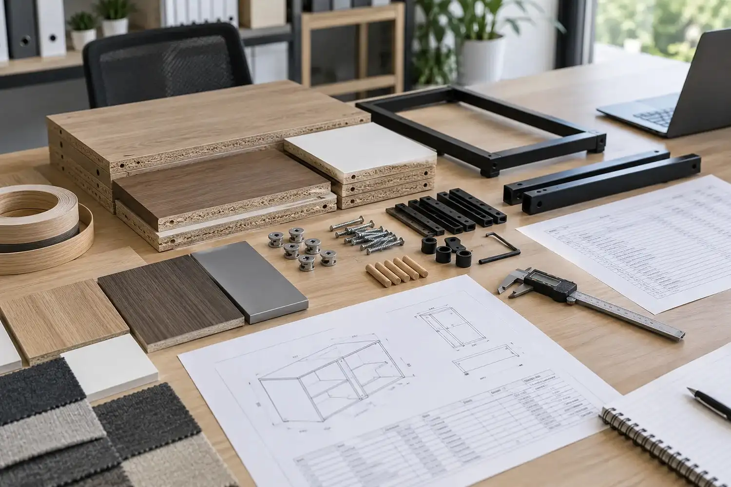 Furniture product specification review with panels, hardware and technical drawings