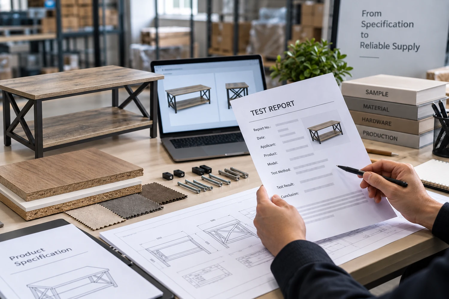 Furniture test report review for a coffee table product against drawings and material references