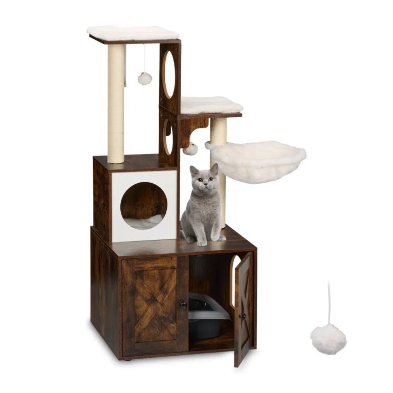 128 cm industrial cat tree with integrated litter box cabinet